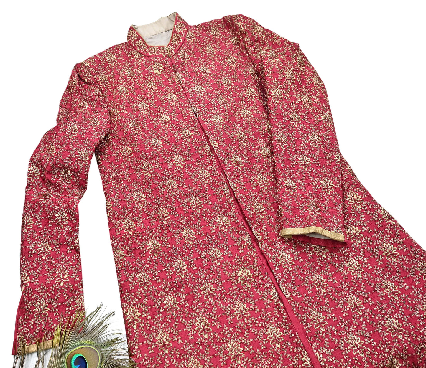 Vintage Red Raw Silk Sherwani Hand Embroidered Mens Wedding Coat Indian Groom Outfit Bandhgala