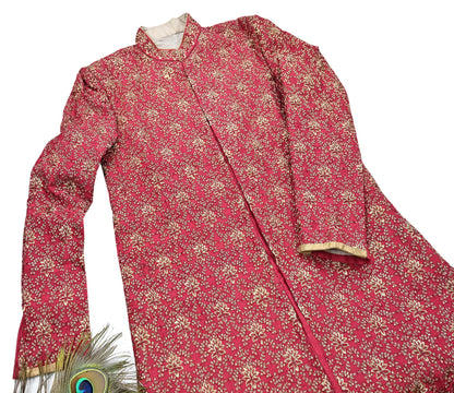 Vintage Red Raw Silk Sherwani Hand Embroidered Mens Wedding Coat Indian Groom Outfit Bandhgala