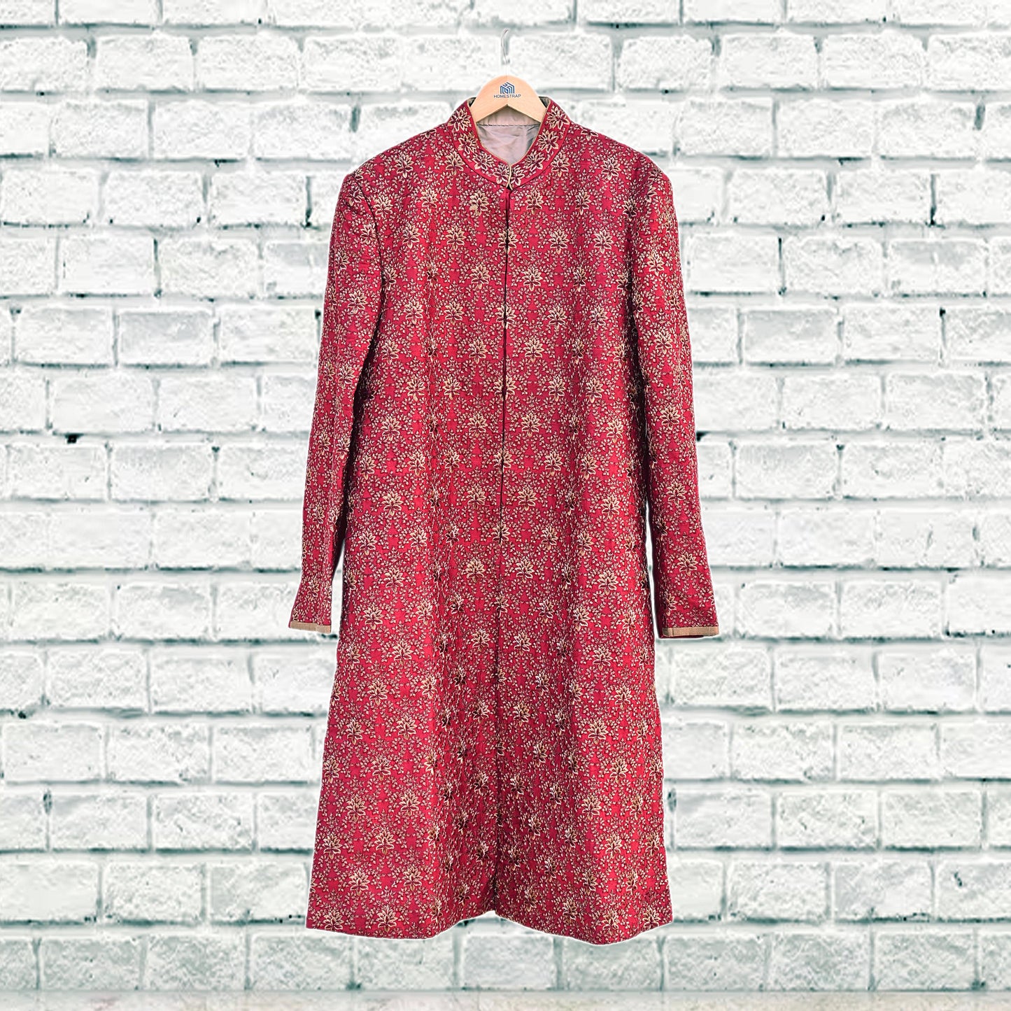 Vintage Red Raw Silk Sherwani Hand Embroidered Mens Wedding Coat Indian Groom Outfit Bandhgala