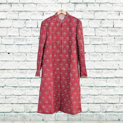 Vintage Red Raw Silk Sherwani Hand Embroidered Mens Wedding Coat Indian Groom Outfit Bandhgala