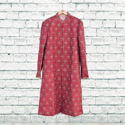 Vintage Red Raw Silk Sherwani Hand Embroidered Mens Wedding Coat Indian Groom Outfit Bandhgala