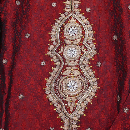 Vintage Red Raw Silk Sherwani Hand Embroidered Zardozi Mens Wedding Coat Indian Groom Outfit Bandhgala Royal Wear