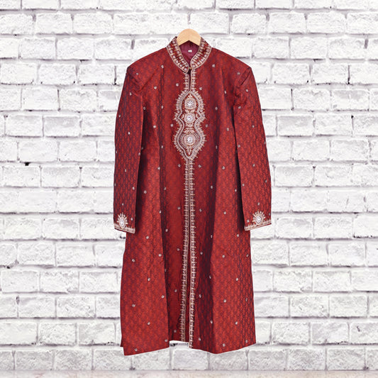 Vintage Red Raw Silk Sherwani Hand Embroidered Zardozi Mens Wedding Coat Indian Groom Outfit Bandhgala Royal Wear