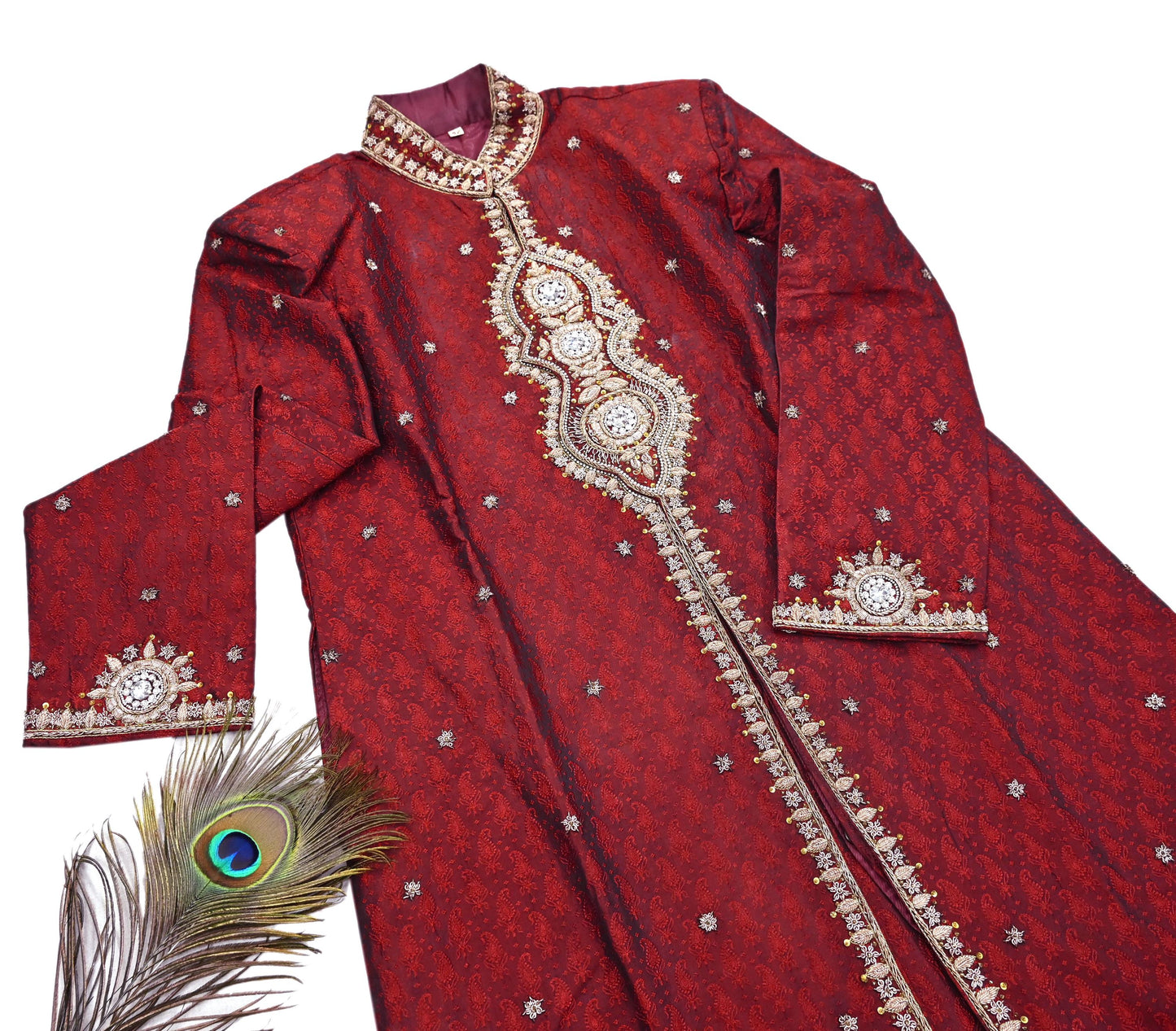 Vintage Red Raw Silk Sherwani Hand Embroidered Zardozi Mens Wedding Coat Indian Groom Outfit Bandhgala Royal Wear