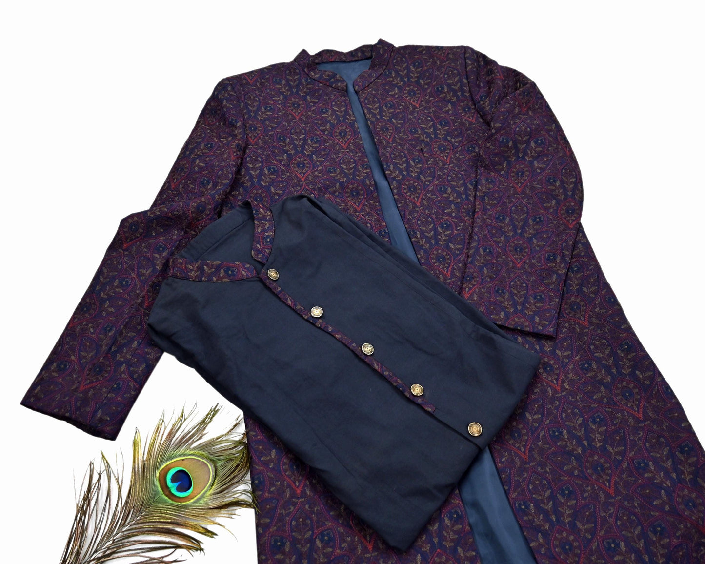 Vintage Blue Raw Silk Hand Embroidered Mens Sherwani Wedding Coat Indian Groom Outfit Bandhgala