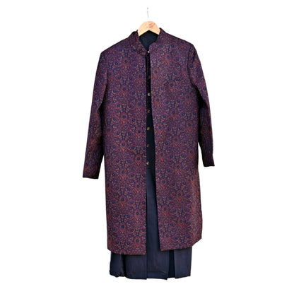 Vintage Blue Raw Silk Hand Embroidered Mens Sherwani Wedding Coat Indian Groom Outfit Bandhgala