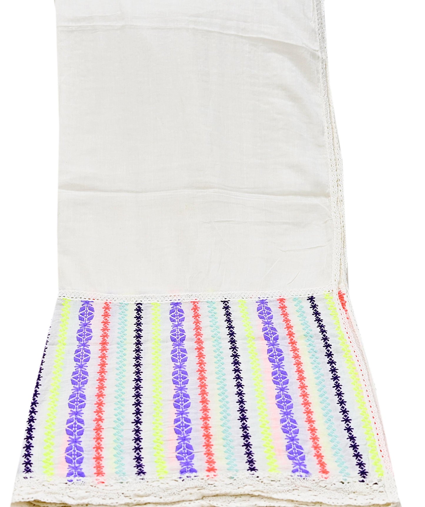 Indian Vintage White Dupatta Long Stole Hand Embroidered Pure Cotton Scarves Veil Mirror Soft Fringes