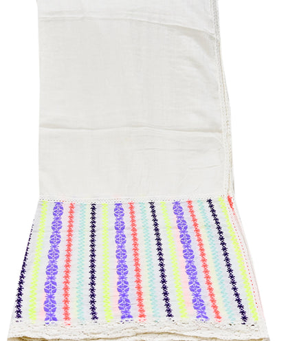 Indian Vintage White Dupatta Long Stole Hand Embroidered Pure Cotton Scarves Veil Mirror Soft Fringes
