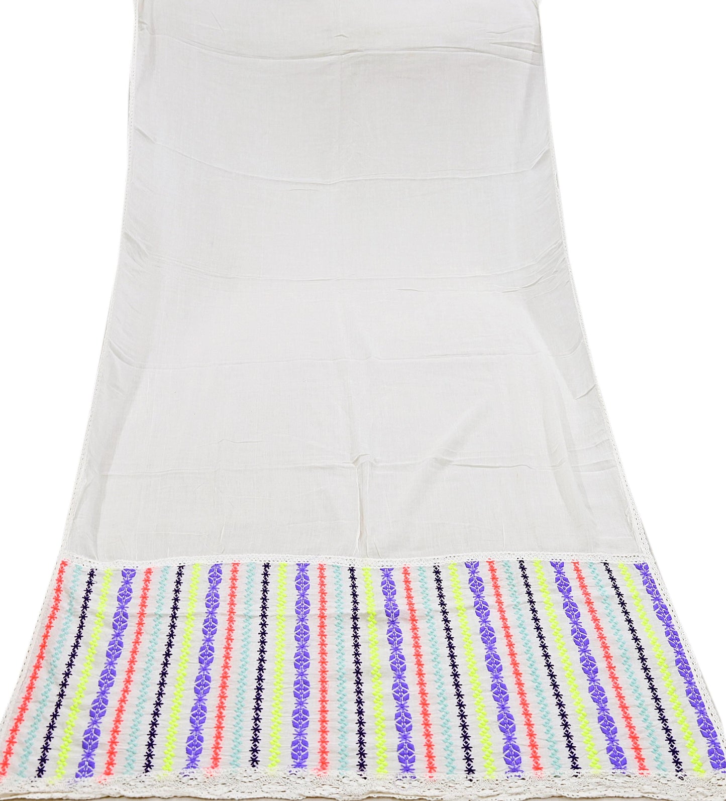 Indian Vintage White Dupatta Long Stole Hand Embroidered Pure Cotton Scarves Veil Mirror Soft Fringes