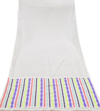 Indian Vintage White Dupatta Long Stole Hand Embroidered Pure Cotton Scarves Veil Mirror Soft Fringes