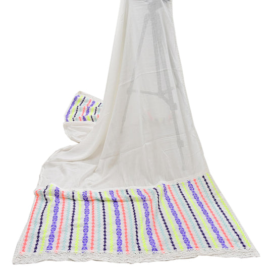 Indian Vintage White Dupatta Long Stole Hand Embroidered Pure Cotton Scarves Veil Mirror Soft Fringes