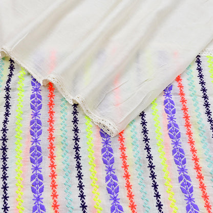 Indian Vintage White Dupatta Long Stole Hand Embroidered Pure Cotton Scarves Veil Mirror Soft Fringes