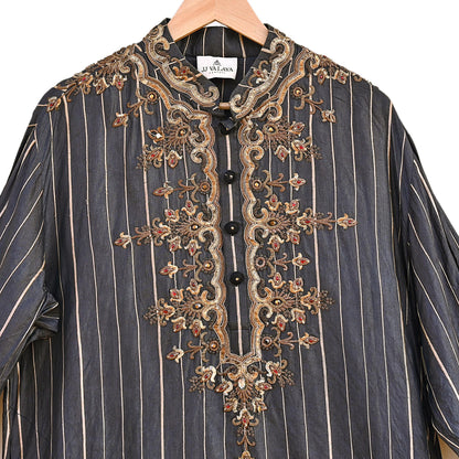 Vintage Black Pure Silk Sherwani Hand Embroidered Designer By JJ Valaya Indian Groom Wedding Bandhgala Long Kurta