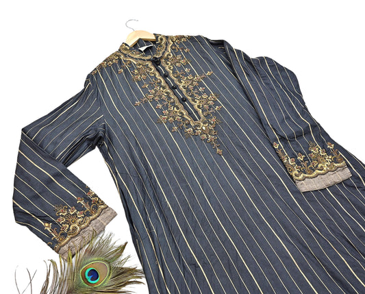 Vintage Black Pure Silk Sherwani Hand Embroidered Designer By JJ Valaya Indian Groom Wedding Bandhgala Long Kurta