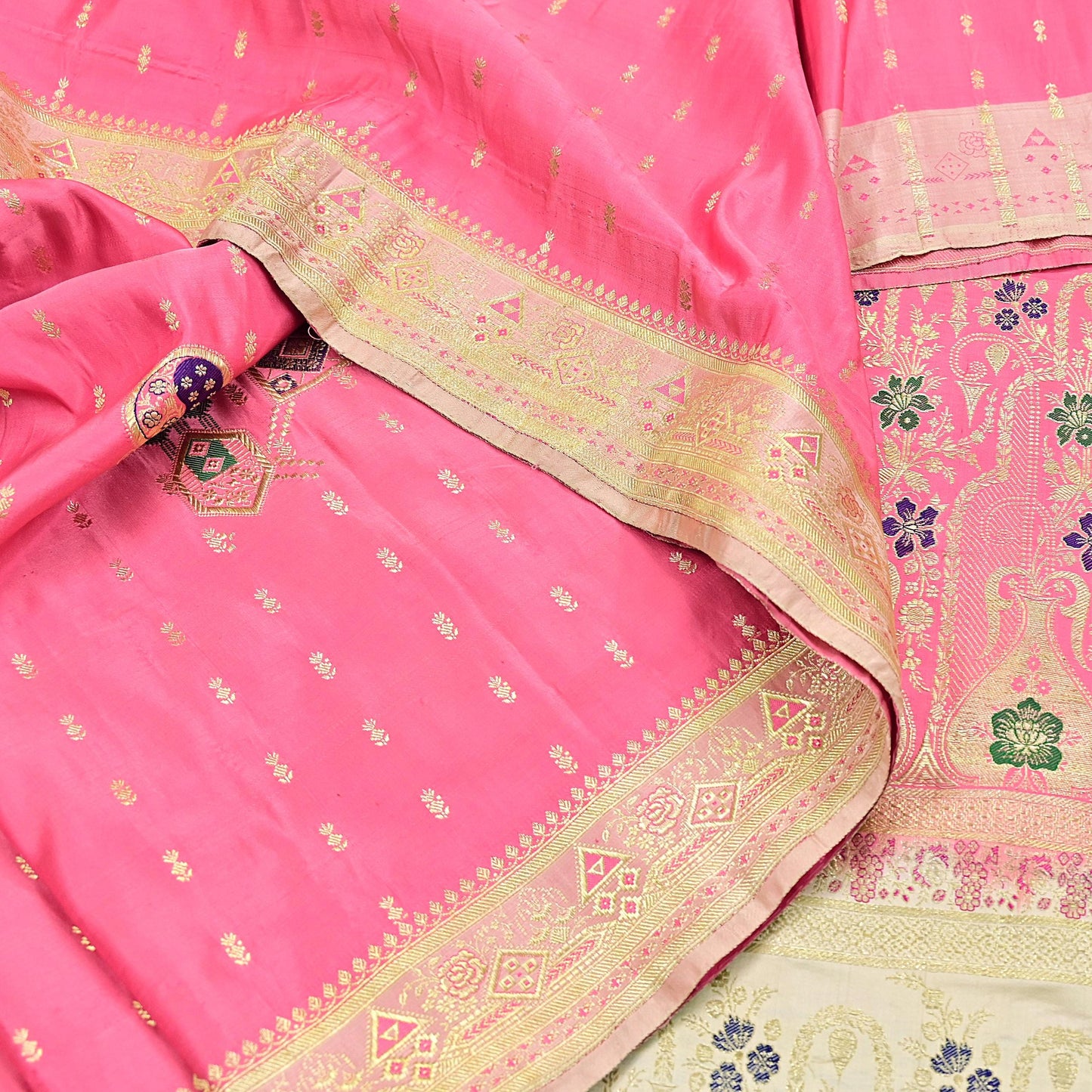 Indian Vintage Sari Heavy Pure Satin Silk Ivory & Pink saree Banarasi Brocade Saree Golden Zari 5Yard Fabric Ethnic Dressmaking