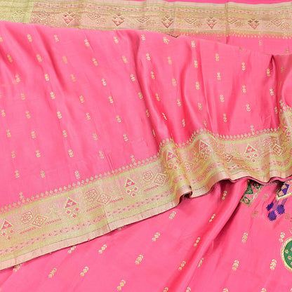 Indian Vintage Sari Heavy Pure Satin Silk Ivory & Pink saree Banarasi Brocade Saree Golden Zari 5Yard Fabric Ethnic Dressmaking