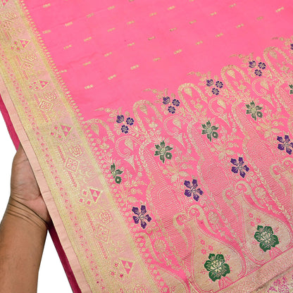 Indian Vintage Sari Heavy Pure Satin Silk Ivory & Pink saree Banarasi Brocade Saree Golden Zari 5Yard Fabric Ethnic Dressmaking