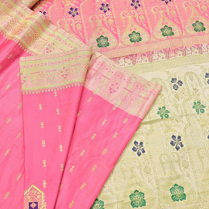Indian Vintage Sari Heavy Pure Satin Silk Ivory & Pink saree Banarasi Brocade Saree Golden Zari 5Yard Fabric Ethnic Dressmaking