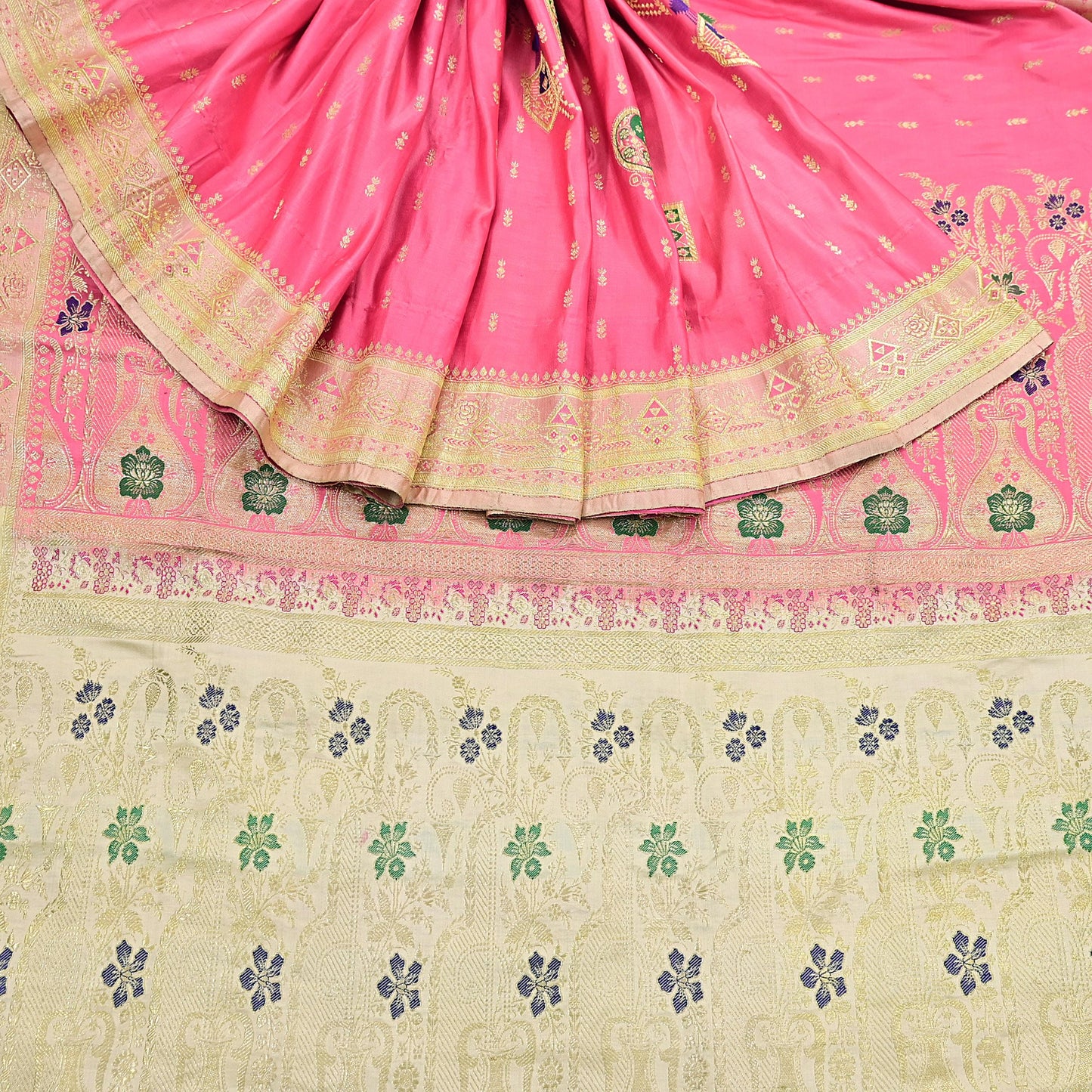 Indian Vintage Sari Heavy Pure Satin Silk Ivory & Pink saree Banarasi Brocade Saree Golden Zari 5Yard Fabric Ethnic Dressmaking