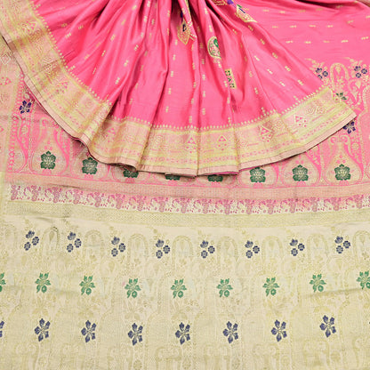 Indian Vintage Sari Heavy Pure Satin Silk Ivory & Pink saree Banarasi Brocade Saree Golden Zari 5Yard Fabric Ethnic Dressmaking