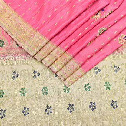 Indian Vintage Sari Heavy Pure Satin Silk Ivory & Pink saree Banarasi Brocade Saree Golden Zari 5Yard Fabric Ethnic Dressmaking