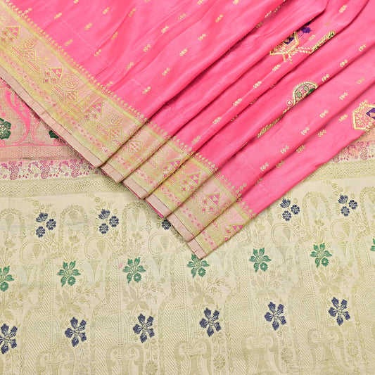Indian Vintage Sari Heavy Pure Satin Silk Ivory & Pink saree Banarasi Brocade Saree Golden Zari 5Yard Fabric Ethnic Dressmaking