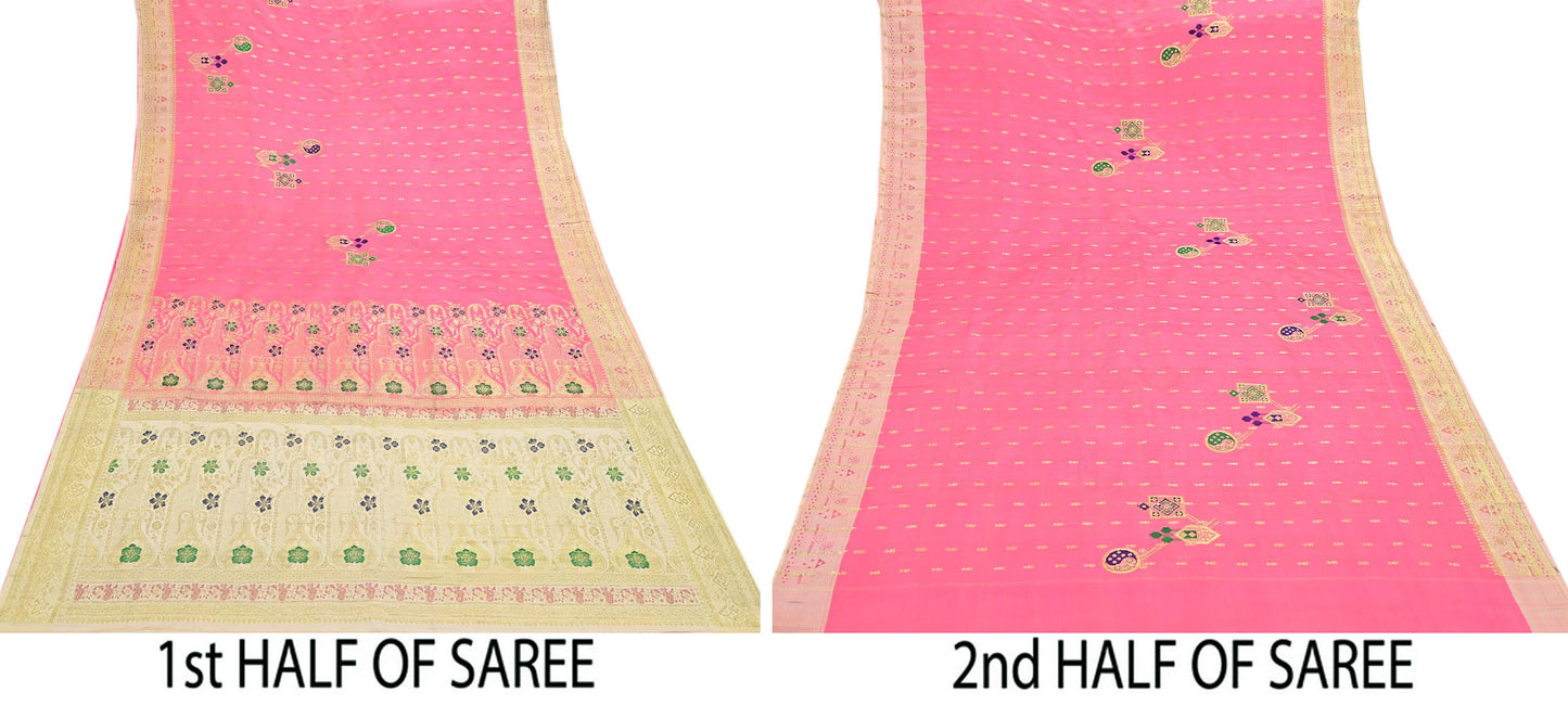 Indian Vintage Sari Heavy Pure Satin Silk Ivory & Pink saree Banarasi Brocade Saree Golden Zari 5Yard Fabric Ethnic Dressmaking