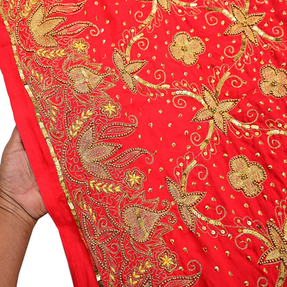 Indian Vintage Heavy Red Dupatta Georgette Long Stole Hand Embroidered Scarf Zari Zardozi Wedding/Bridal Veil Hijab
