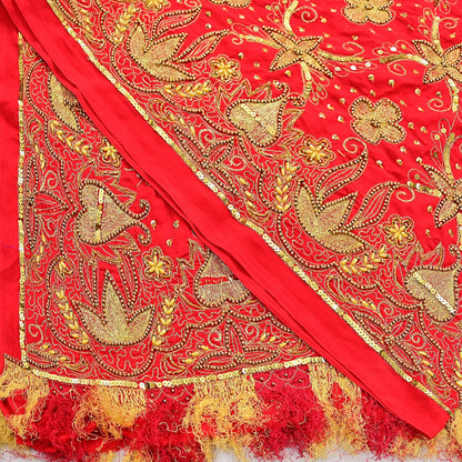 Indian Vintage Heavy Red Dupatta Georgette Long Stole Hand Embroidered Scarf Zari Zardozi Wedding/Bridal Veil Hijab