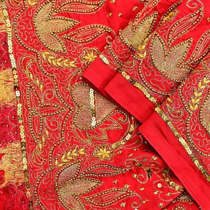 Indian Vintage Heavy Red Dupatta Georgette Long Stole Hand Embroidered Scarf Zari Zardozi Wedding/Bridal Veil Hijab
