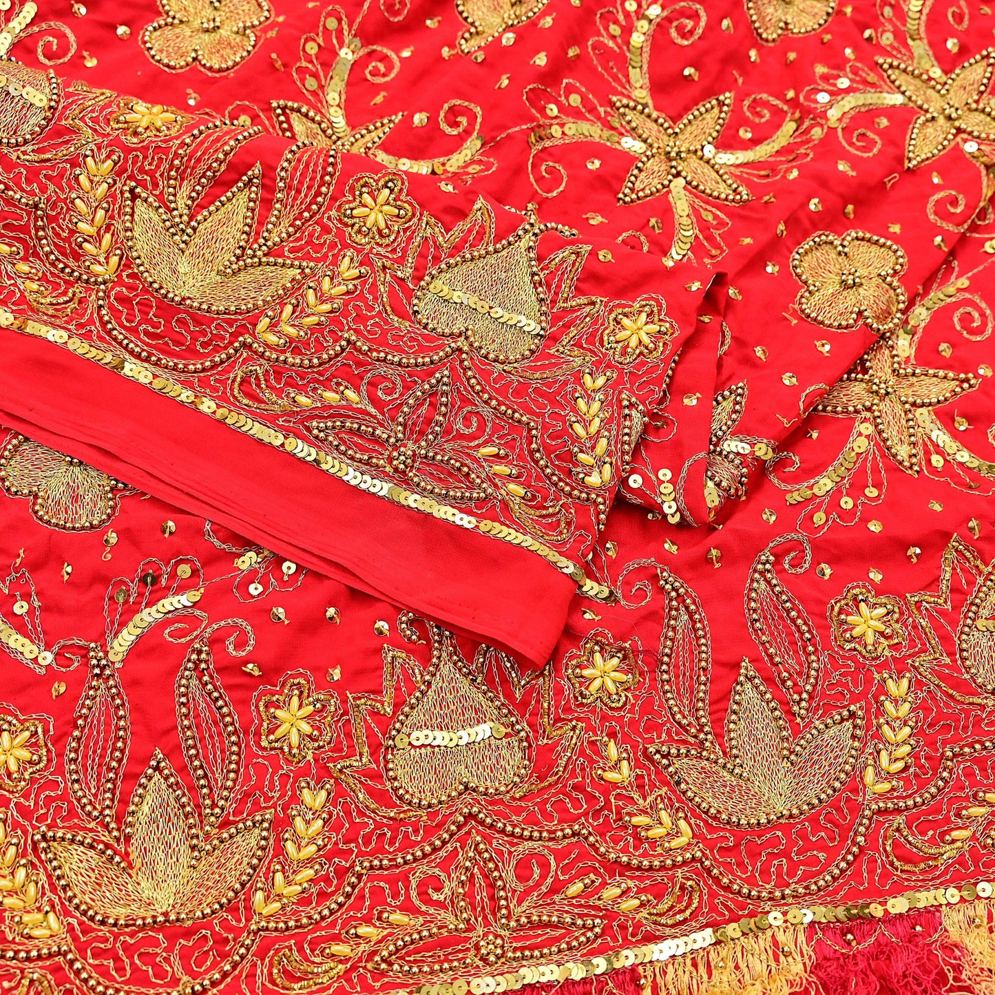 Indian Vintage Heavy Red Dupatta Georgette Long Stole Hand Embroidered Scarf Zari Zardozi Wedding/Bridal Veil Hijab