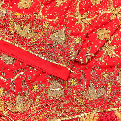 Indian Vintage Heavy Red Dupatta Georgette Long Stole Hand Embroidered Scarf Zari Zardozi Wedding/Bridal Veil Hijab