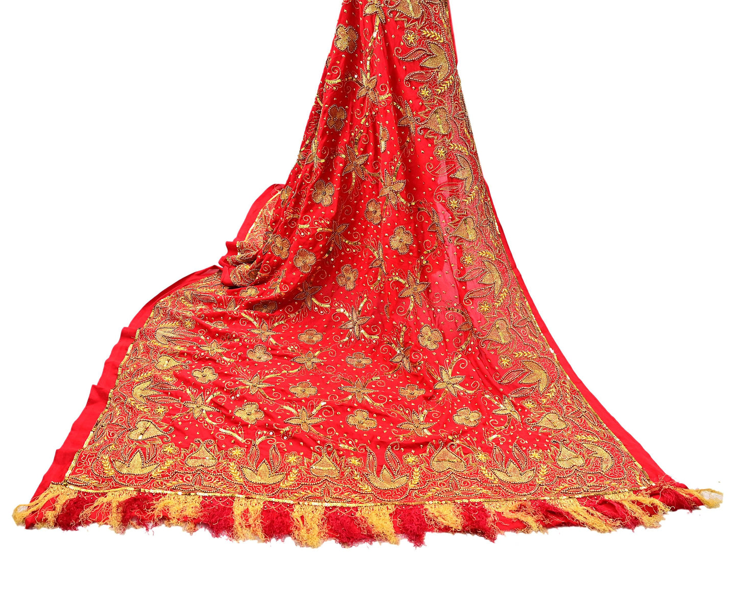 Indian Vintage Heavy Red Dupatta Georgette Long Stole Hand Embroidered Scarf Zari Zardozi Wedding/Bridal Veil Hijab