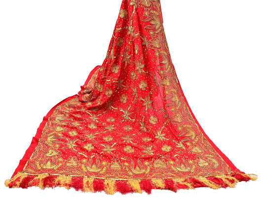Indian Vintage Heavy Red Dupatta Georgette Long Stole Hand Embroidered Scarf Zari Zardozi Wedding/Bridal Veil Hijab
