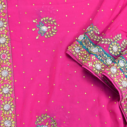 Indian Vintage Heavy Pink Dupatta Pure Georgette Silk Hand Embroidered Zardozi, Dabka, Zari Work Party Wear Long Stole