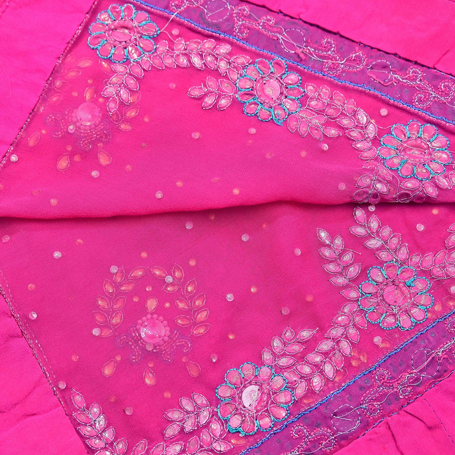 Indian Vintage Heavy Pink Dupatta Pure Georgette Silk Hand Embroidered Zardozi, Dabka, Zari Work Party Wear Long Stole