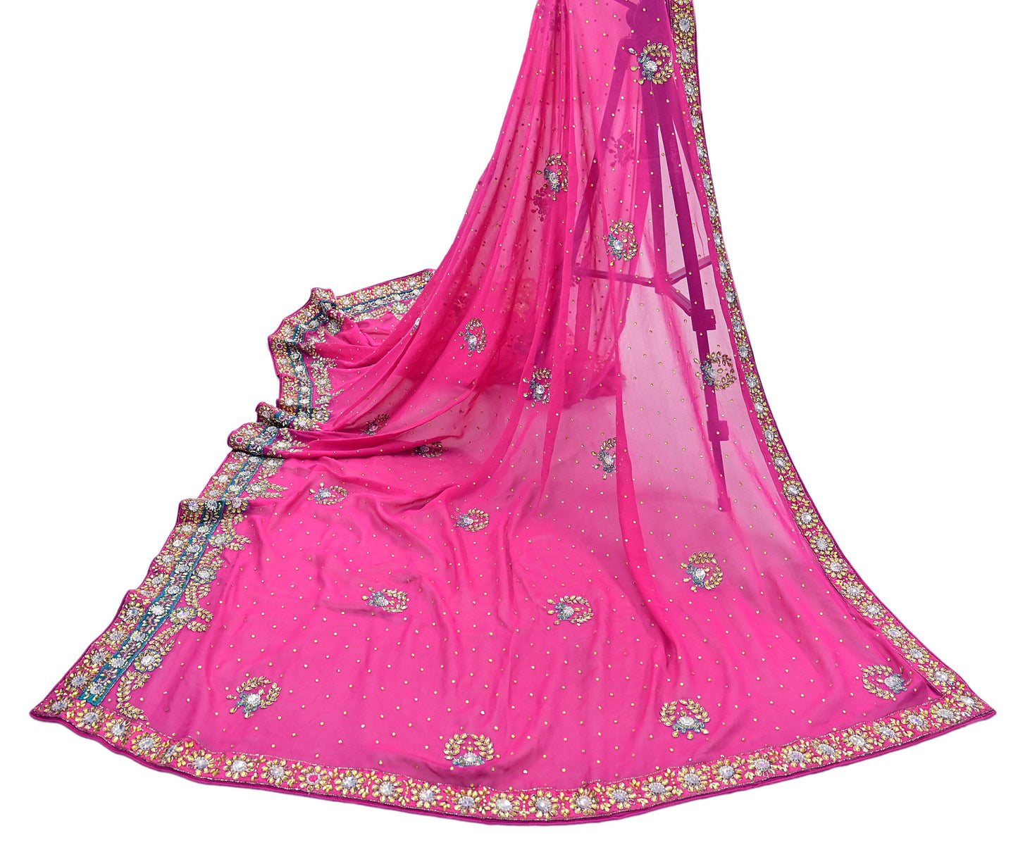 Indian Vintage Heavy Pink Dupatta Pure Georgette Silk Hand Embroidered Zardozi, Dabka, Zari Work Party Wear Long Stole