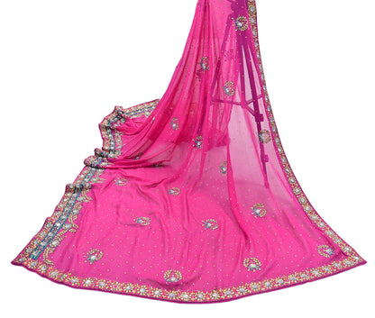 Indian Vintage Heavy Pink Dupatta Pure Georgette Silk Hand Embroidered Zardozi, Dabka, Zari Work Party Wear Long Stole