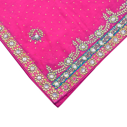 Indian Vintage Heavy Pink Dupatta Pure Georgette Silk Hand Embroidered Zardozi, Dabka, Zari Work Party Wear Long Stole