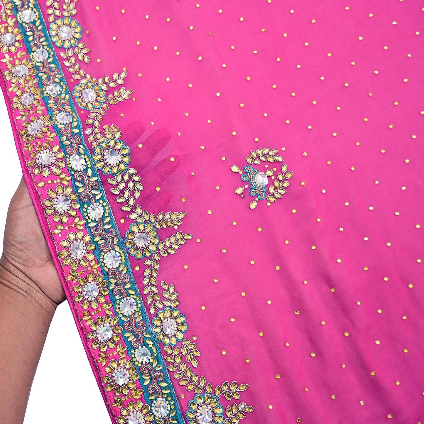 Indian Vintage Heavy Pink Dupatta Pure Georgette Silk Hand Embroidered Zardozi, Dabka, Zari Work Party Wear Long Stole