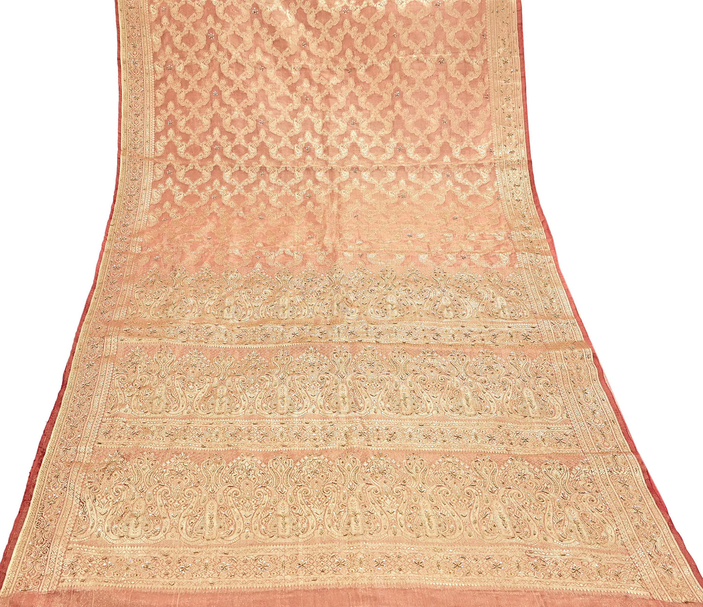 Indian Vintage Sari Golden Red Tissue Hand Embroidered Sarees Craft Fabric 5Yd Sewing Soft Ethnic Zardozi/Zari Dress making Crafting