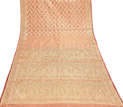 Indian Vintage Sari Golden Red Tissue Hand Embroidered Sarees Craft Fabric 5Yd Sewing Soft Ethnic Zardozi/Zari Dress making Crafting