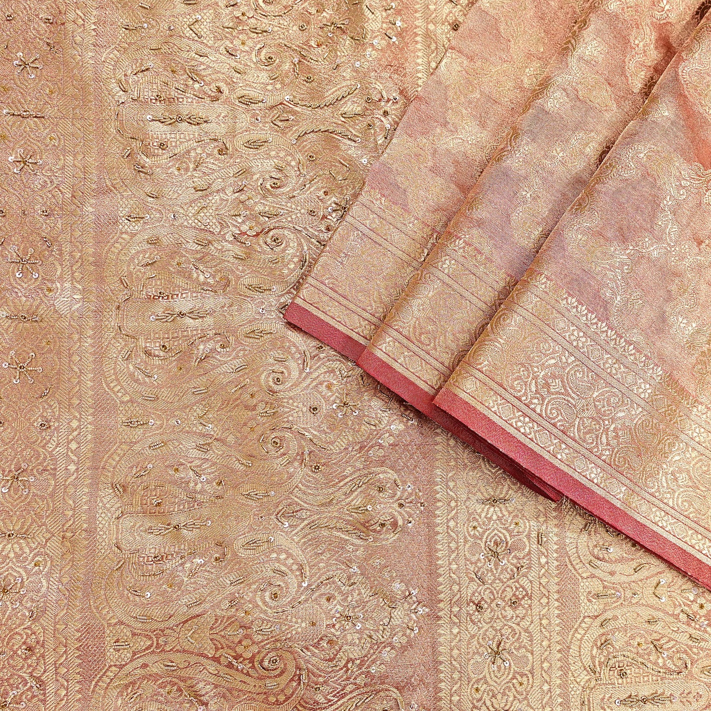 Indian Vintage Sari Golden Red Tissue Hand Embroidered Sarees Craft Fabric 5Yd Sewing Soft Ethnic Zardozi/Zari Dress making Crafting