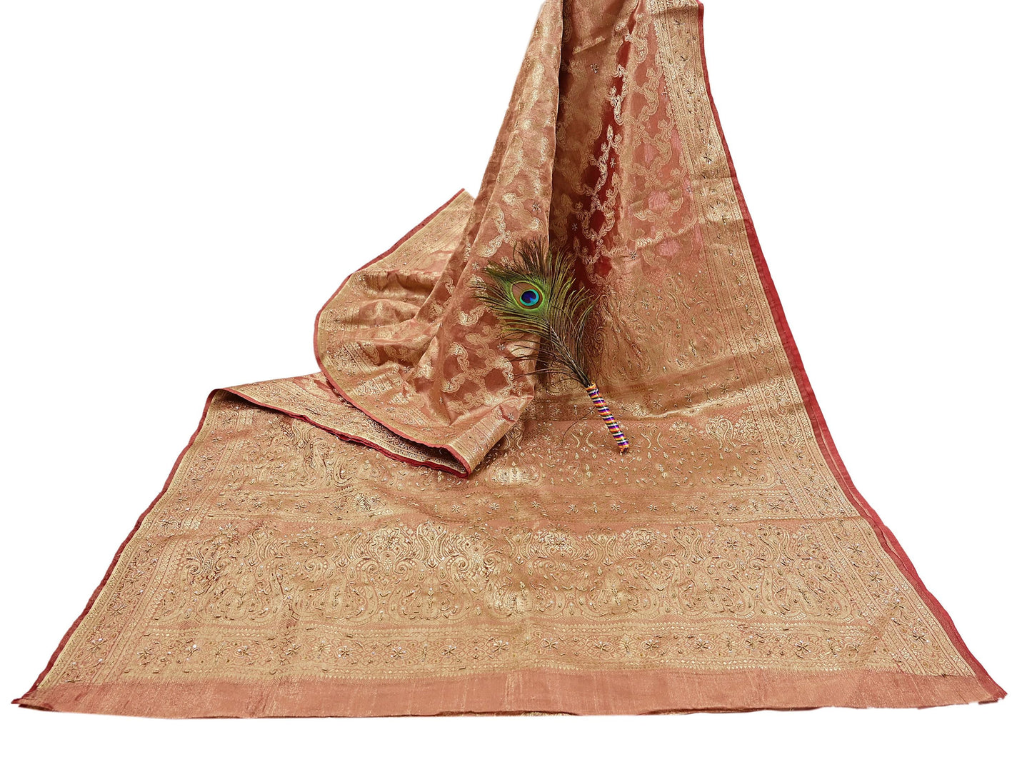 Indian Vintage Sari Golden Red Tissue Hand Embroidered Sarees Craft Fabric 5Yd Sewing Soft Ethnic Zardozi/Zari Dress making Crafting