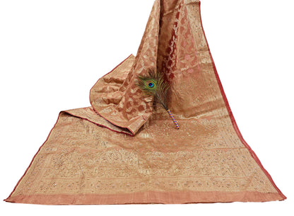 Indian Vintage Sari Golden Red Tissue Hand Embroidered Sarees Craft Fabric 5Yd Sewing Soft Ethnic Zardozi/Zari Dress making Crafting