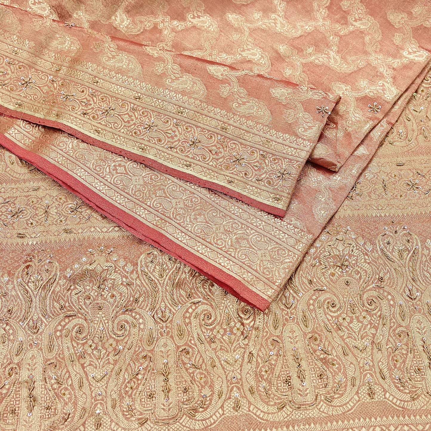 Indian Vintage Sari Golden Red Tissue Hand Embroidered Sarees Craft Fabric 5Yd Sewing Soft Ethnic Zardozi/Zari Dress making Crafting