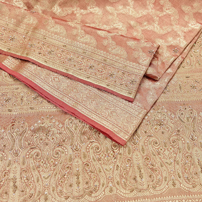 Indian Vintage Sari Golden Red Tissue Hand Embroidered Sarees Craft Fabric 5Yd Sewing Soft Ethnic Zardozi/Zari Dress making Crafting