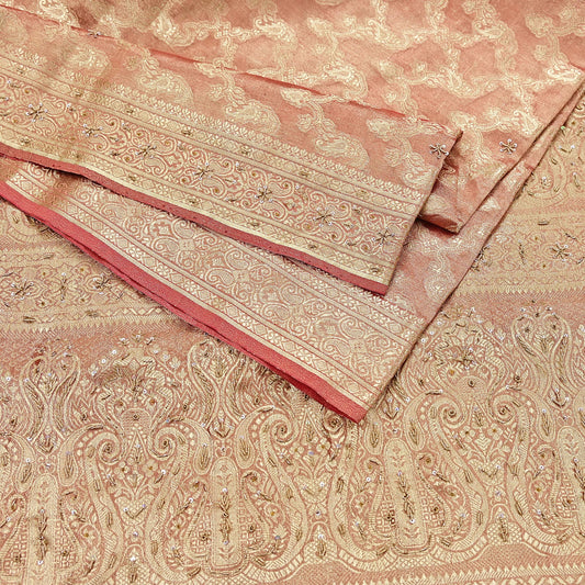 Indian Vintage Sari Golden Red Tissue Hand Embroidered Sarees Craft Fabric 5Yd Sewing Soft Ethnic Zardozi/Zari Dress making Crafting