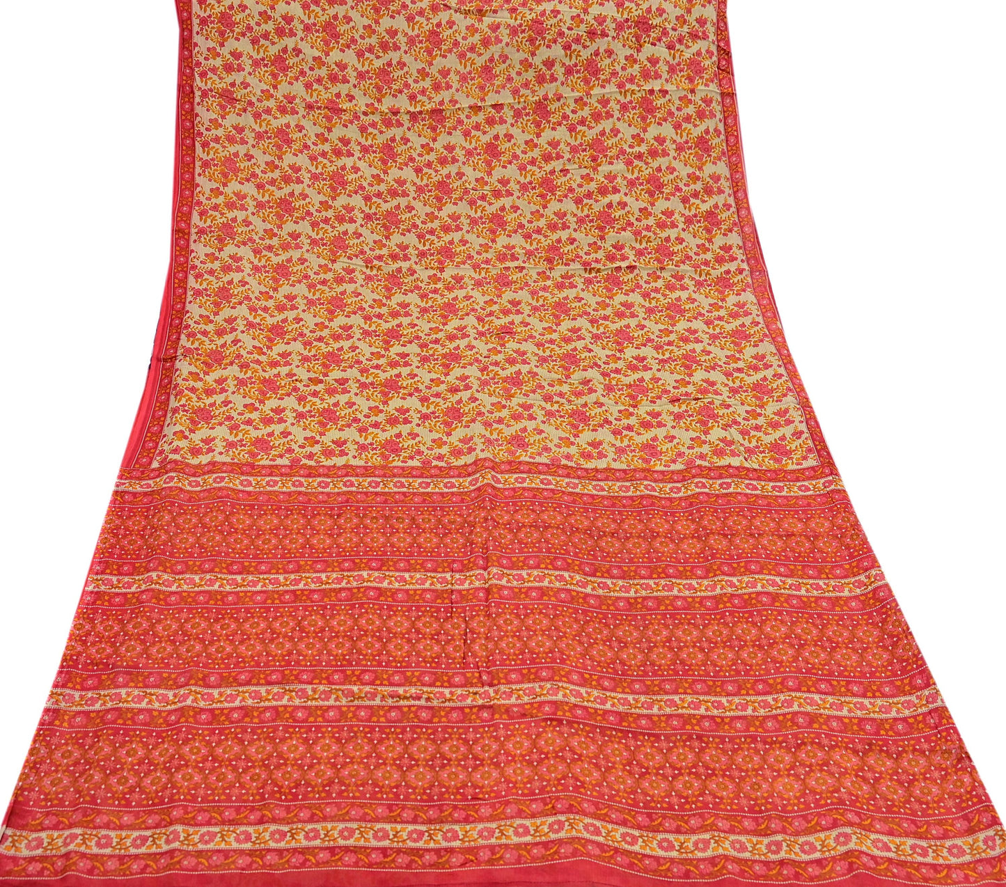Indian Vintage Red & Beige Saree Printed 100% Pure Cotton Sari Craft Fabric 5Yd Soft Sewing Sarong Wrap Dress Making Quilting Crafting