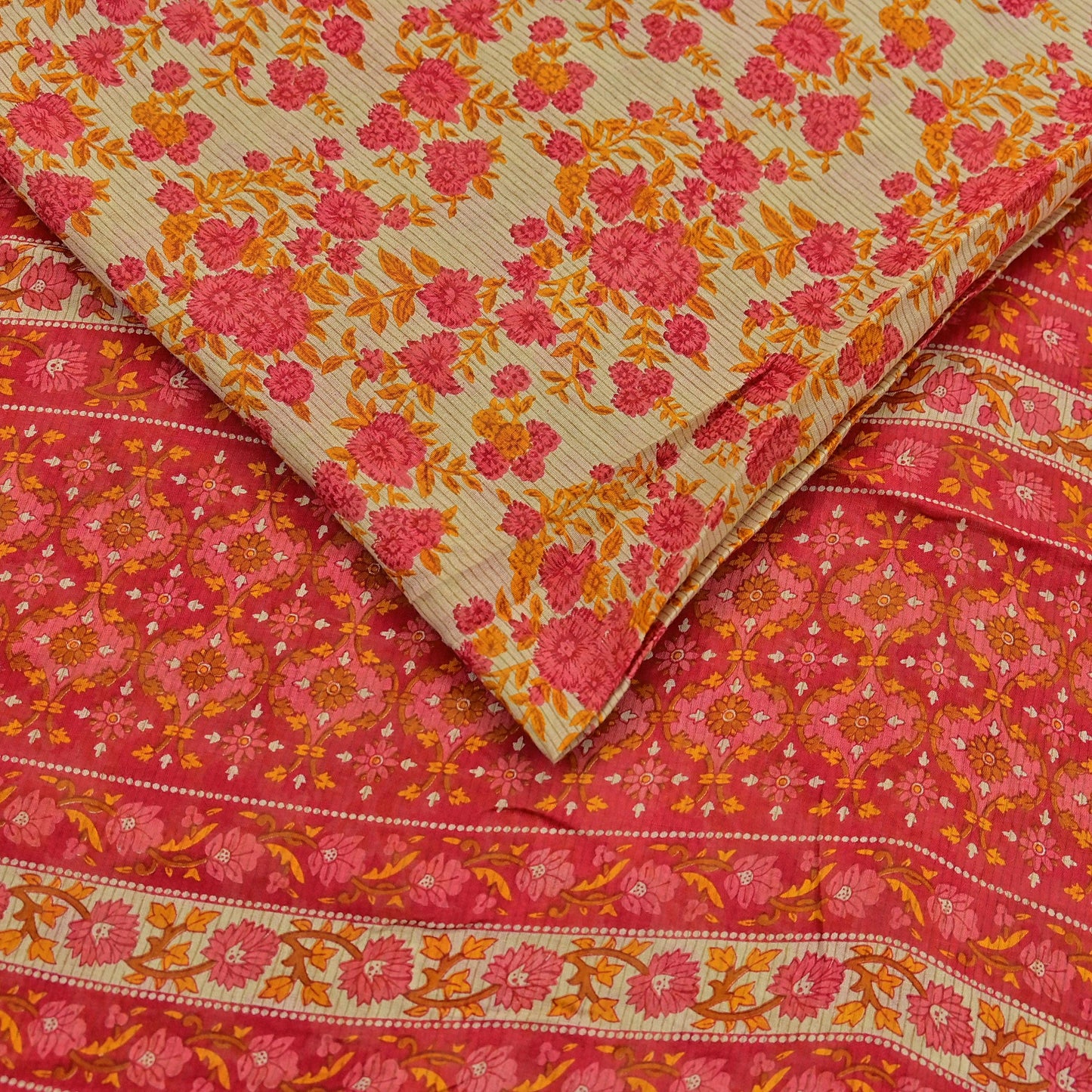 Indian Vintage Red & Beige Saree Printed 100% Pure Cotton Sari Craft Fabric 5Yd Soft Sewing Sarong Wrap Dress Making Quilting Crafting